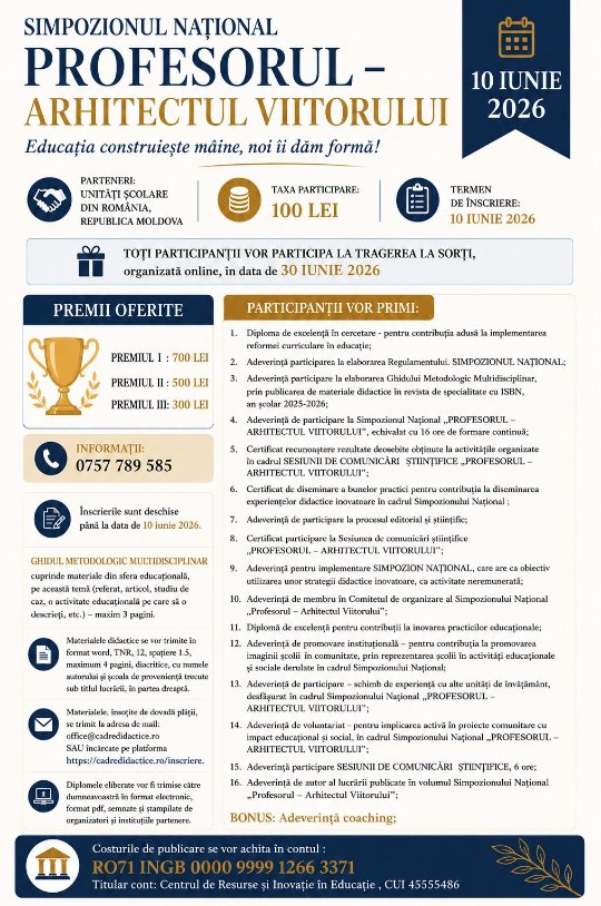 Simpozionul Național „Profesorul – Arhitectul Viitorului” își prelungește perioada de înscriere până la 10 iunie 2026