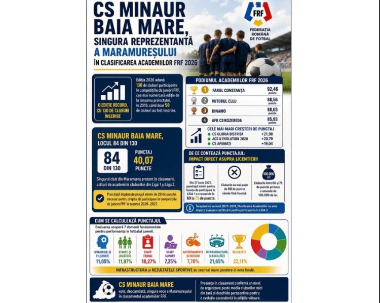 CS Minaur Baia Mare, singurul club din Maramureș în clasamentul academiilor FRF