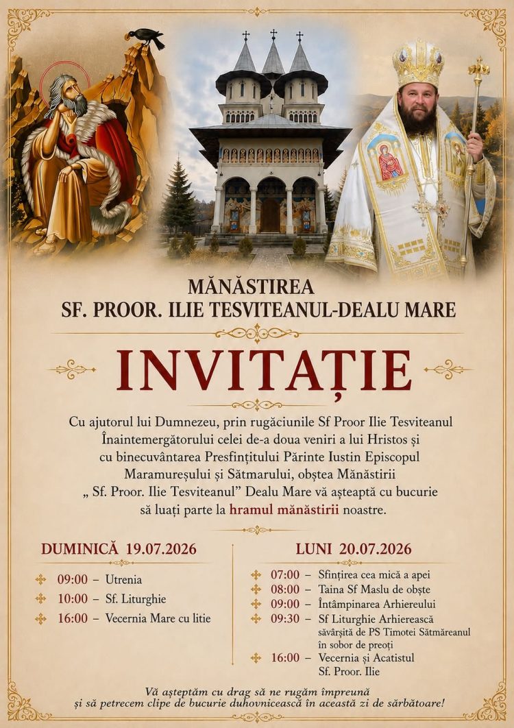 Mănăstirea „Sfântul Proroc Ilie Tesviteanul” Dealu Mare își sărbătorește hramul. Credincioșii sunt invitați la slujbele din 19 și 20 iulie