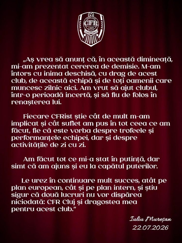 Cutremur la CFR Cluj! Iuliu Mureșan și-a depus demisia: „Am ajuns și eu la capătul puterilor”