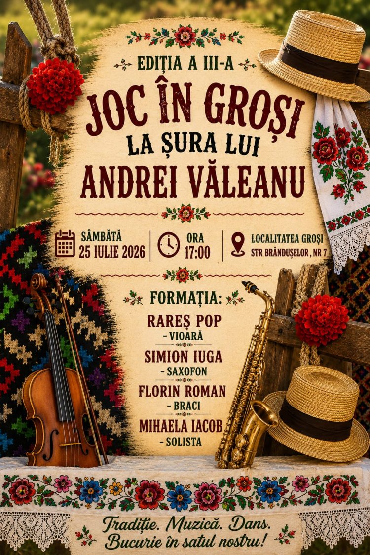 Tradiția și jocul popular revin în prim-plan la Groși. „Joc în Groși, la șura lui Andrei Văleanu”, ediția a III-a