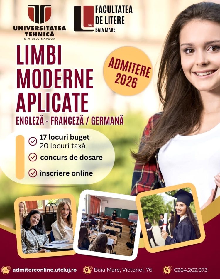 Admitere 2026 la Limbi Moderne Aplicate, la Facultatea de Litere din Baia Mare. 17 locuri bugetate și înscriere online