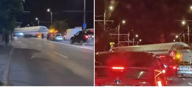Cum a ajuns un avion într-un sens giratoriu din Gherla? Imagini spectaculoase cu transportul agabaritic