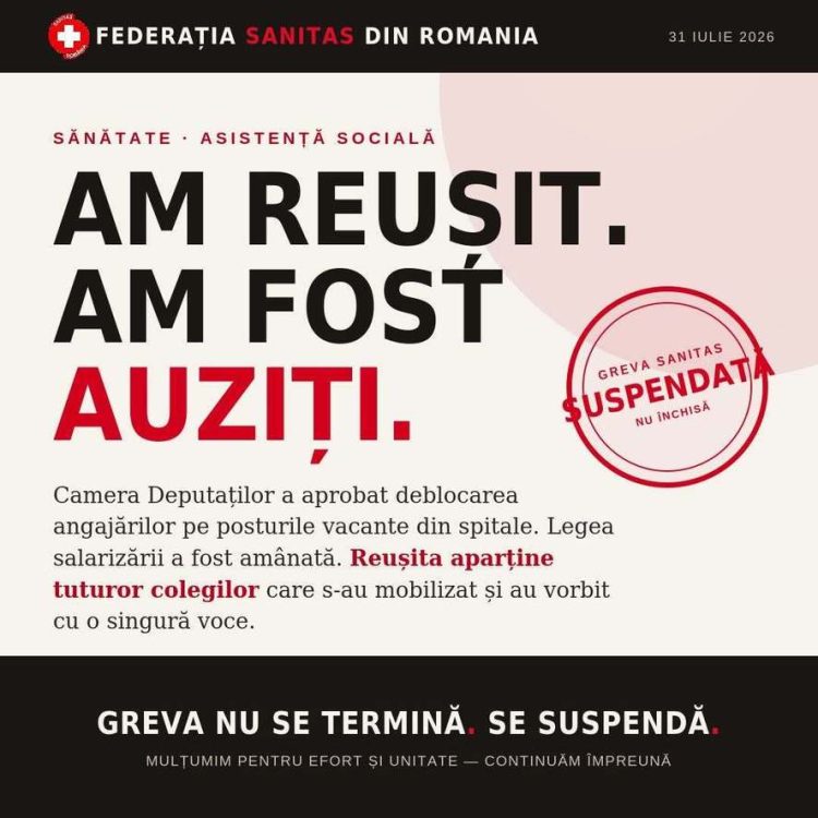 Greva din sănătate a fost suspendată. Ce anunță Federaţia SANITAS