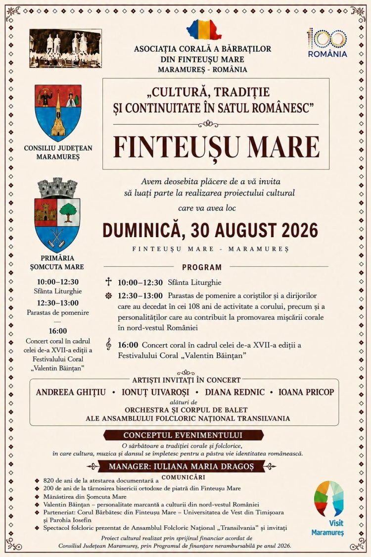 Finteușu Mare, în sărbătoarea tradiției corale. Corul Bărbătesc marchează 108 ani de activitate
