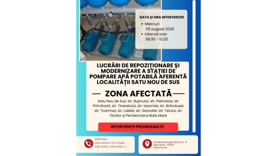 Lucrări programate la Stația de pompare a apei potabile din Satu Nou de Sus