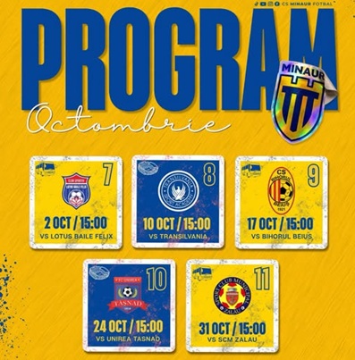 Fotbal. CS Minaur Baia Mare are cinci meciuri în luna octombrie. Programul echipei